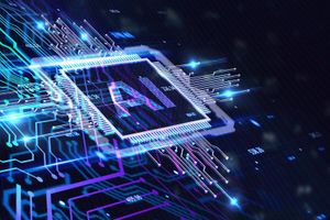 AI processor chip surrounded by glowing blue and purple circuit pathways, illustrating advanced artificial intelligence computing, data processing, and connected digital infrastructure.