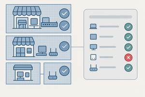 Illustration of three retail store archetypes, each validated with a checkmark and connected network icons, next to a checklist panel showing a laptop, tablet, monitor, small device, and router, with four items marked complete and one flagged.
