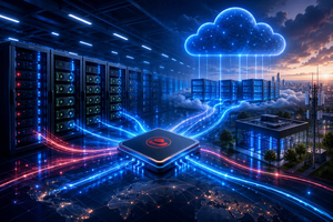 Enterprise AI Factory visual showing GPU-powered data center infrastructure, interconnected networking, and modern hybrid-cloud architecture.