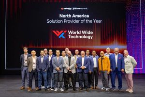 WWT team on members pose stage after being recognized as Palo Alto Networks' North America Solution Provider of the Year at the Executive Partner Summit.