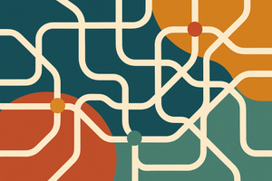 Abstract flat-design illustration of winding cream-colored paths crisscrossing over overlapping teal, orange, rust and green color blocks, with small colored dots marking junction points, evoking a network of routing paths.