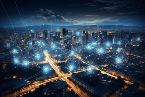 Aerial nighttime view of a city with glowing blue nodes connected by thin lines overlaid across the skyline, representing a network of interconnected data points across illuminated streets and buildings.