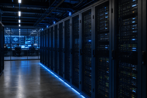 Data Center, Blue Lights, hallway 