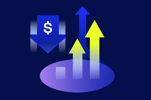 blue background with arrows going up and arrows going down representing money savings