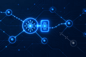 Abstract illustration of a glowing blue network of connected nodes, with one node disconnected by a dashed line.
