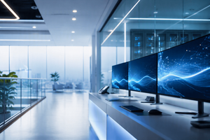 modern enterprise office with sleek monitoring screens