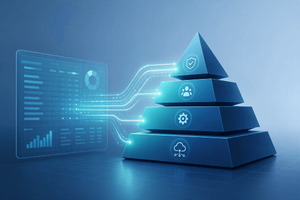 glowing digital cost-tracking dashboard transforming into a structured four-tier pyramid or staircase