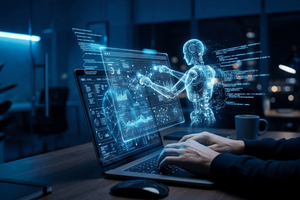 AI assistant interacting with virtual dashboards above a laptop while a user works at a desk, illustrating artificial intelligence, automation, and data analysis.