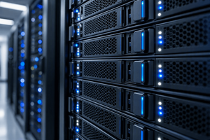 A high-resolution photograph of a modern data center storage rack, close-up angle, cool blue and white LED indicator lights along the front panel of enterprise storage controllers, dark metal chassis, shallow depth of field