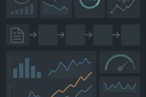 A dashboard visualization showing a business process flow with real-time KPI metrics
