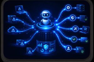 Illustration of an AI robot at the center of a network, with glowing lines connecting it to icons for laptops, servers, cloud storage, and security showing warning and resolved status symbols.