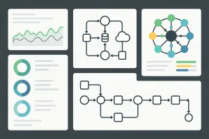 A dashboard interface displaying interconnected system architecture diagrams with observability metrics