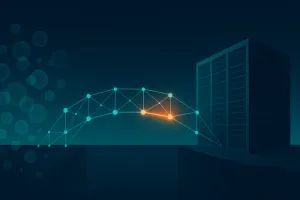Abstract illustration of a glowing blue network bridge, its nodes connected by lines, spanning from a loose scattered cluster of points on the left to a solid dark server-like structure on the right, with one glowing orange segment tracing part of the path across the divide.