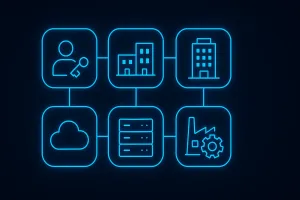 Glowing blue diagram of six connected icons representing network segments: a user with a key, two office buildings, a larger building, a cloud, a server stack and a factory with a gear.