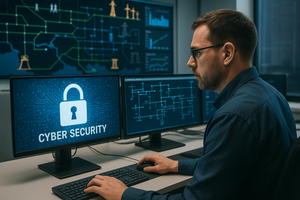 A man wearing glasses works at a desk with multiple monitors showing network maps, one overlaid with a padlock icon and the words "cyber security."