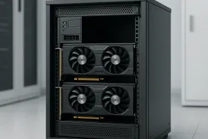 a small on-premises server rack with GPU hardware, softly lit in a clean data center or office server room