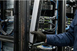 hand with black glove interacting with server