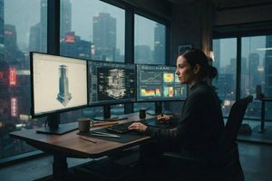 Woman analyzing data across multiple monitors displaying visualization