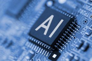 Close-up of an AI-labeled computer chip mounted on a circuit board, representing artificial intelligence technology and digital innovation.