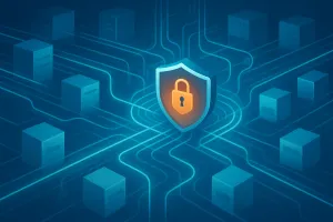 Isometric illustration of blue server towers connected by glowing data pathways converging on a central shield with a padlock, representing data protection and cybersecurity.