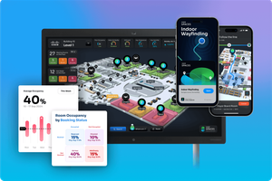 Floorplan, mobile wayfinding and data analytics views of Cisco Spaces solution