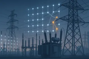 a glowing network diagram of connected nodes and lines, mapped onto transmission towers, transformers and control equipment.