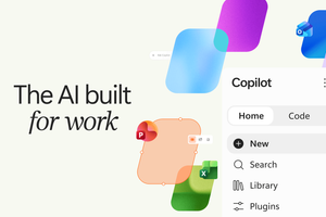 Color shapes, Microsoft Power Point, Outlook and Excel icons. It reads The AI built for work.