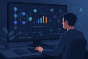 Illustration of a person at a desktop monitor reviewing an AI gateway dashboard showing cost attribution metrics and AI model routing