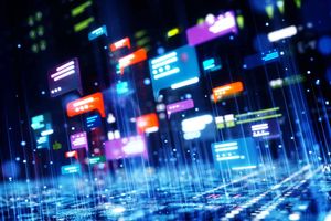 Floating digital chat and messaging icons connected by glowing data streams over a futuristic blue technology network, representing online communication and real-time data exchange.