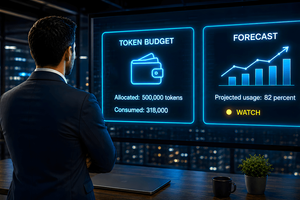 An AI-generated image of a man in a business suit looking at two digital dashboards, one that reads "Token Budget" and a second reading "Forecast."