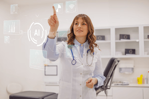 Female Doctor messing around with touch screen and working on analysis