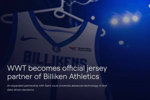 WWT-branded Saint Louis University Billikens basketball jersey hanging under arena lights, highlighting the expanded partnership focused on technology, AI and data-driven decisions.