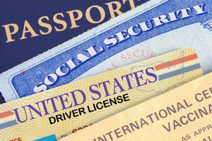 Close-up of a U.S. passport, Social Security card, driver's license, and international vaccination certificate layered together, representing personal identification and travel documents.