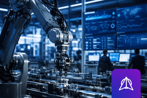 Large industrial robotic arm operating above an automated production line inside a modern manufacturing facility. In the background, several monitoring displays and control workstations are integrated into the same production environment, highlighting operational technology (OT) security and manufacturing oversight.