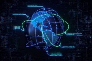 Glowing digital globe centered on the Americas with interconnected data paths and circuitry representing global technology and connectivity.
