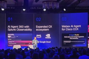 Presenter on stage before a screen with three CX announcements: AI Agent 360 with Splunk Observability, an expanded ecosystem with AWS, NVIDIA and Google Cloud, and Webex AI Agent for Cisco CCX.