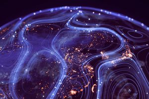 Glowing global network map with blue data streams and illuminated cities across the Earth at night.