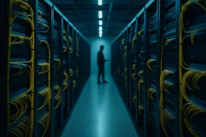 A technician stands in silhouette at the far end of a dim, blue-lit aisle between tall network racks wrapped in bundles of yellow fiber cables.