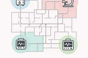 A hospital network operations dashboard displaying a facility map with connected medical devices