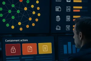 A control room display showing an industrial OT network map with risk scored assets