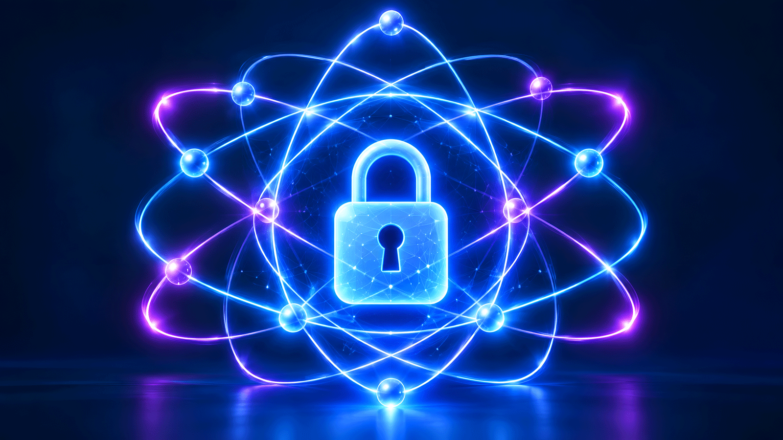 A blue glowing lock suspended withing a swirl of purple and blues atoms.