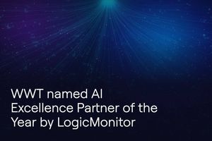 Abstract blue and purple digital background with streams of data behind the text, "WWT named AI Excellence Partner of the Year by LogicMonitor."