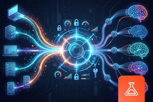 Glowing digital diagram depicting devices and servers connecting through a central secure hub to multiple glowing AI brain models, with a laboratory flask icon in the lower right corner.