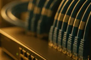 A network switch and neatly labeled blue cables visible in the soft-focus background