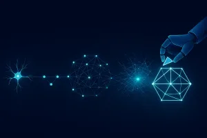 Illustration of a single glowing neuron on the left that grows into a layered network, then a dense web of connections, ending in a robotic hand placing a final piece into a glowing structure on the right