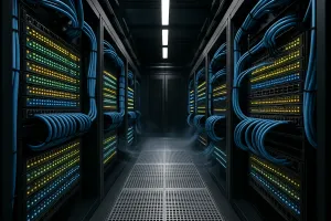 View down the aisle of a data center with visible racks on both sides. 