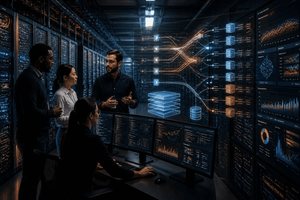 Group of technical professionals discussing metrics in a large-scale data center environment with glowing data pathways and network visualizations. 
