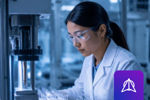 A lab researcher wearing protective eyewear and a white coat works with samples beside automated laboratory equipment in a modern pharmaceutical research lab.