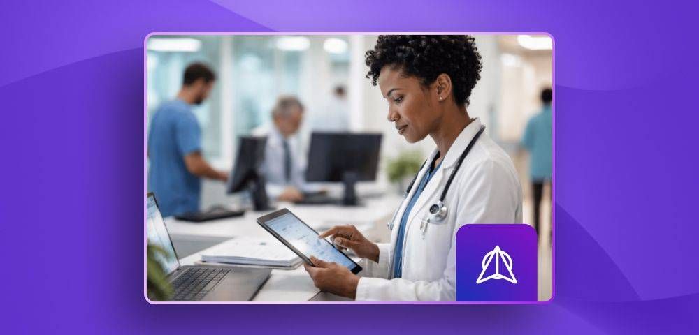 A doctor reviews a tablet at a hospital workstation. WWT Research logo in the corner.