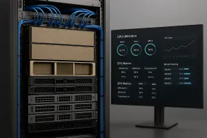 Server rack with blue network cables beside a monitor displaying a GPU utilization dashboard, showing GPU 0 at 82%, GPU 1 at 66%, and GPU 2 at 74%, along with load trends, metrics, and model routing.
